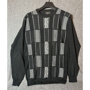 Miko Sweater Mens Large Black Wool Blend Crewneck Geometric 90s Long Sleeve Knit